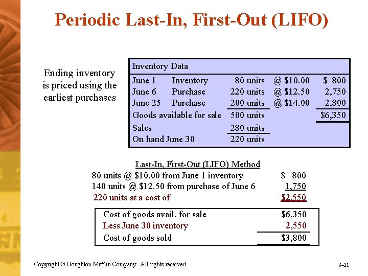 Periodic Last-In, First-Out (LIFO) Ending inventory is priced using the earliest purchases Inventory Data