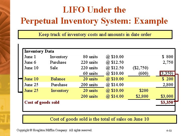 LIFO Under the Perpetual Inventory System: Example Keep track of inventory costs and amounts