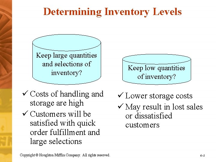 Determining Inventory Levels Keep large quantities and selections of inventory? ü Costs of handling