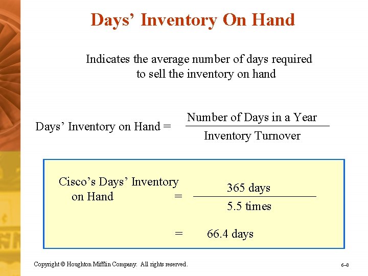 Days’ Inventory On Hand Indicates the average number of days required to sell the