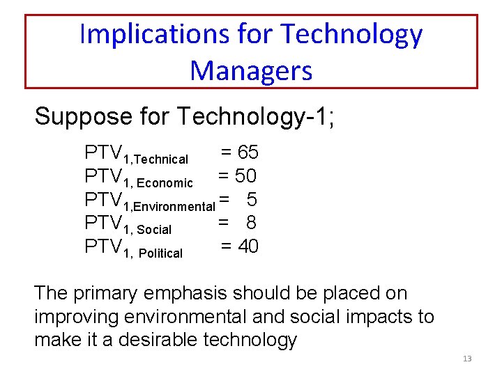 Implications for Technology Managers Suppose for Technology-1; PTV 1, Technical = 65 PTV 1,