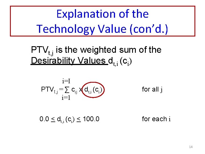 Explanation of the Technology Value (con’d. ) PTVt, j is the weighted sum of