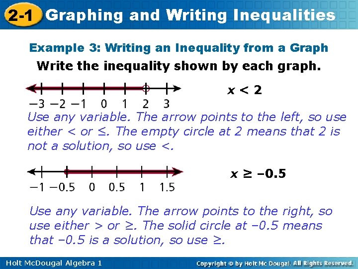 2 -1 Graphing and Writing Inequalities Example 3: Writing an Inequality from a Graph