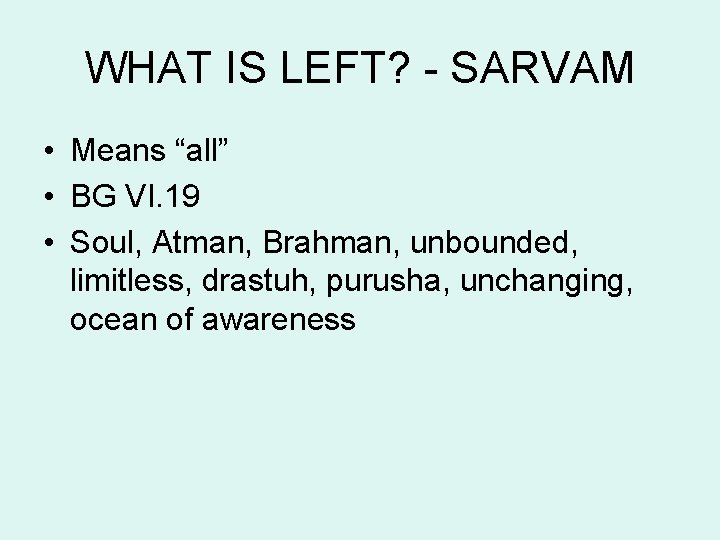 WHAT IS LEFT? - SARVAM • Means “all” • BG VI. 19 • Soul, WHAT IS LEFT? - SARVAM • Means “all” • BG VI. 19 • Soul,