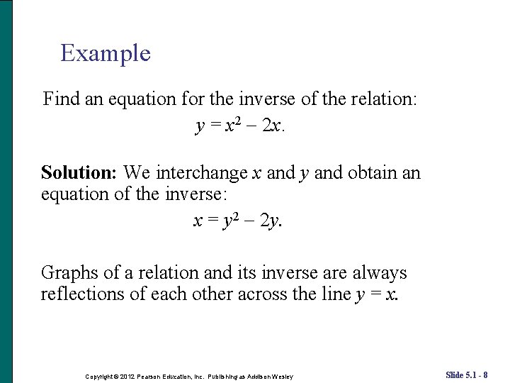 Example Find an equation for the inverse of the relation: y = x 2