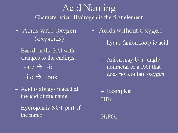 Acid Naming Characteristics: Hydrogen is the first element • Acids with Oxygen (oxyacids) –