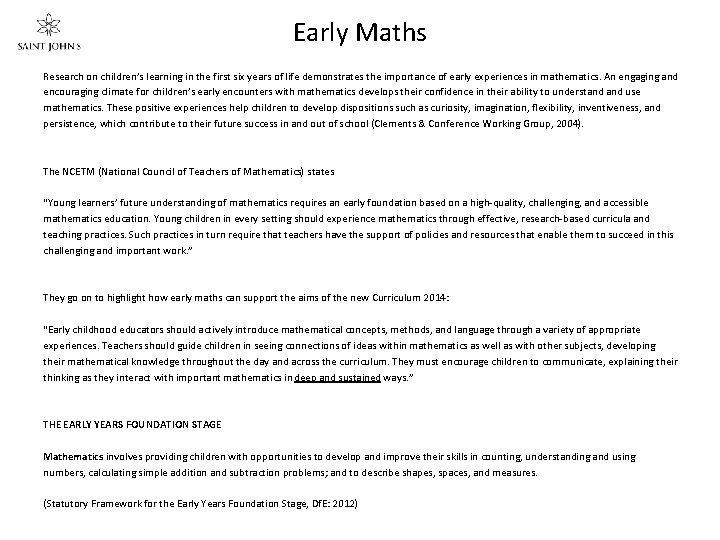 Early Maths Research on children’s learning in the first six years of life demonstrates