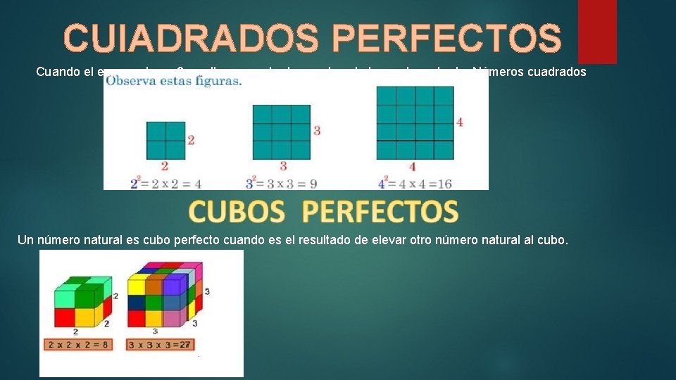 CUIADRADOS PERFECTOS Cuando el exponente es 2 , se llama cuadrado, se eleva la