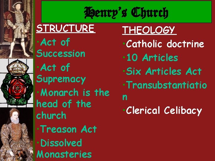 Henry’s Church STRUCTURE • Act of Succession • Act of Supremacy • Monarch is Henry’s Church STRUCTURE • Act of Succession • Act of Supremacy • Monarch is