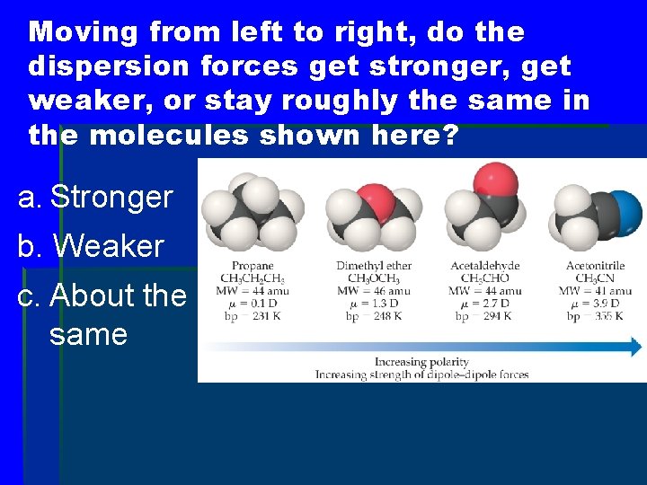 Moving from left to right, do the dispersion forces get stronger, get weaker, or