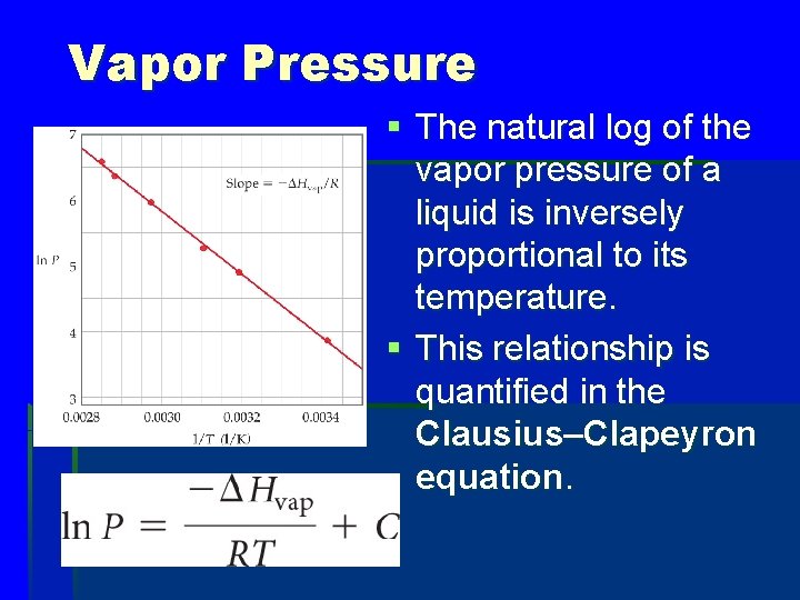 Vapor Pressure § The natural log of the vapor pressure of a liquid is