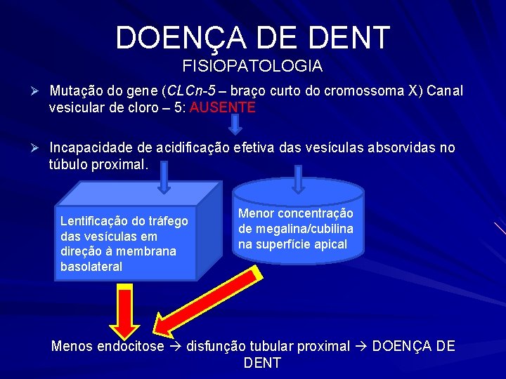 DOENÇA DE DENT FISIOPATOLOGIA Ø Mutação do gene (CLCn-5 – braço curto do cromossoma