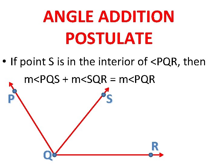 ANGLE ADDITION POSTULATE • If point S is in the interior of <PQR, then