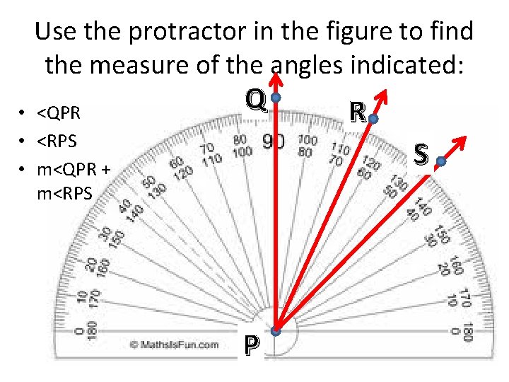 Use the protractor in the figure to find the measure of the angles indicated: