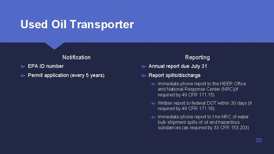 Used Oil Transporter Notification Reporting EPA ID number Annual report due July 31 Permit Used Oil Transporter Notification Reporting EPA ID number Annual report due July 31 Permit