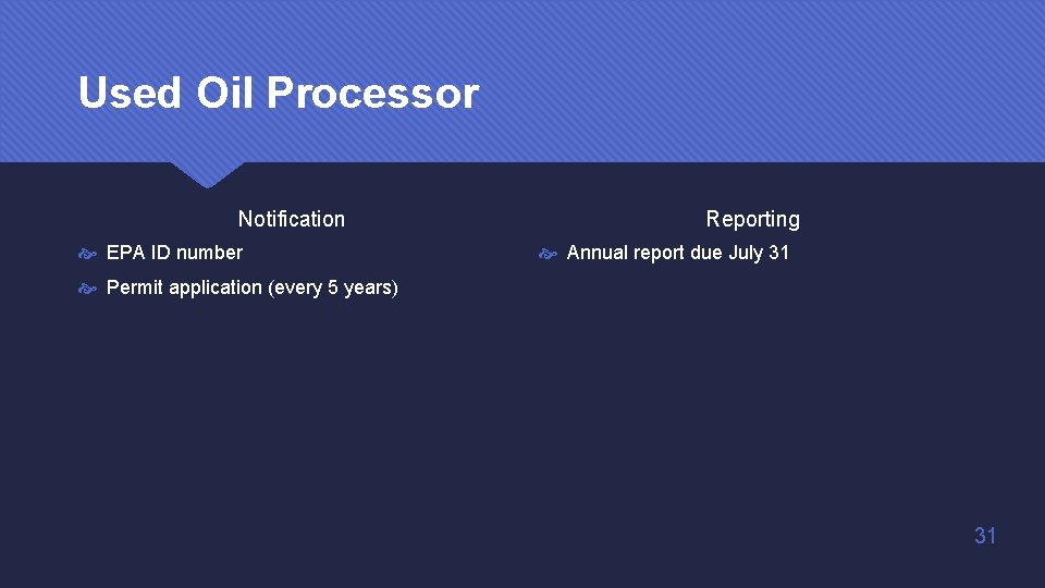 Used Oil Processor Notification EPA ID number Reporting Annual report due July 31 Permit Used Oil Processor Notification EPA ID number Reporting Annual report due July 31 Permit