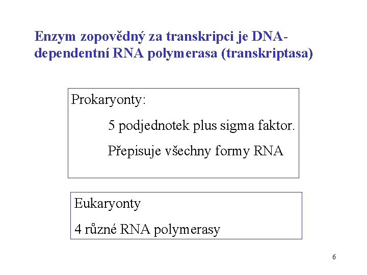 Enzym zopovědný za transkripci je DNAdependentní RNA polymerasa (transkriptasa) Prokaryonty: 5 podjednotek plus sigma