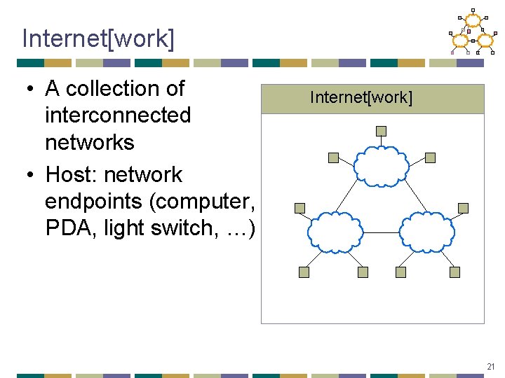 Internet[work] • A collection of interconnected networks • Host: network endpoints (computer, PDA, light