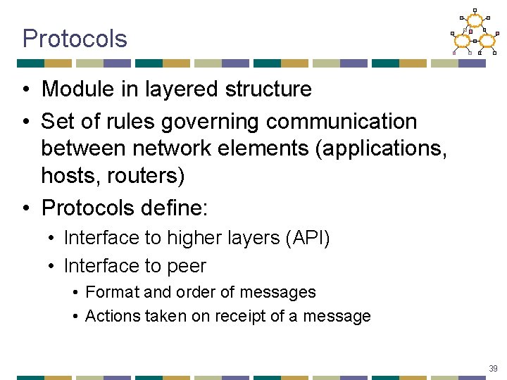 Protocols • Module in layered structure • Set of rules governing communication between network