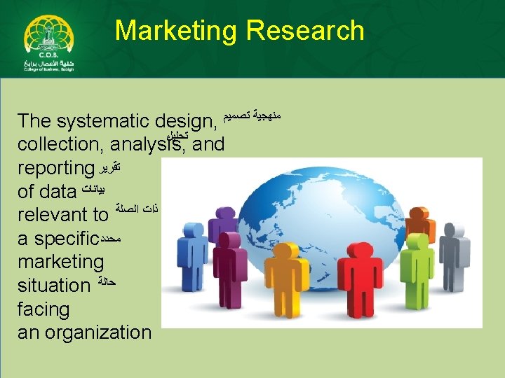 Marketing Research The systematic design, ﺗﺼﻤﻴﻢ ﻣﻨﻬﺠﻴﺔ ﺗﺤﻠﻴﻞ collection, analysis, and reporting ﺗﻘﺮﻳﺮ of