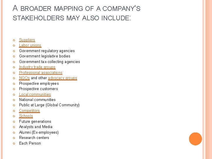 A BROADER MAPPING OF A COMPANY'S STAKEHOLDERS MAY ALSO INCLUDE: Suppliers Labor unions Government