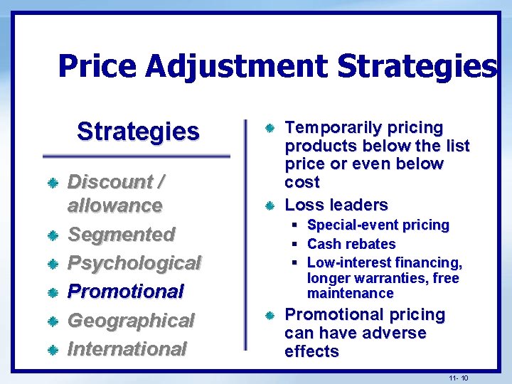 Price Adjustment Strategies Discount / allowance Segmented Psychological Promotional Geographical International Temporarily pricing products