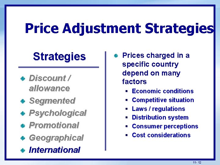 Price Adjustment Strategies Discount / allowance Segmented Psychological Promotional Geographical International Prices charged in