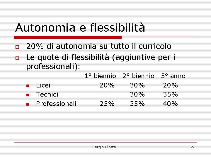 Autonomia e flessibilità o o 20% di autonomia su tutto il curricolo Le quote