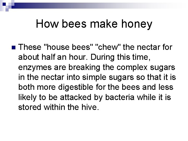 How bees make honey n These "house bees" "chew" the nectar for about half