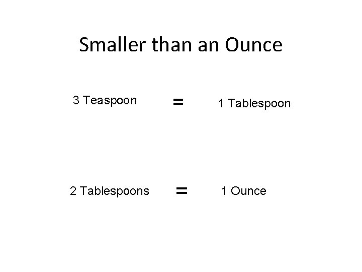 Smaller than an Ounce 3 Teaspoon = 1 Tablespoon 2 Tablespoons = 1 Ounce Smaller than an Ounce 3 Teaspoon = 1 Tablespoon 2 Tablespoons = 1 Ounce