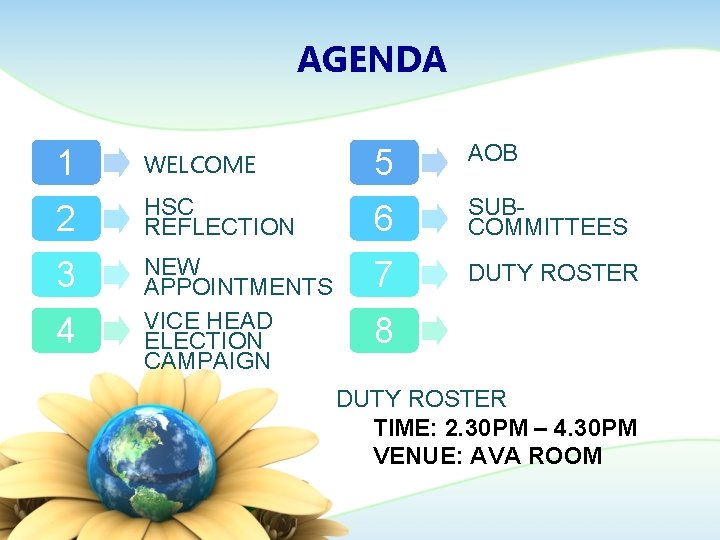 AGENDA 5 AOB 2 HSC REFLECTION 6 SUBCOMMITTEES 3 NEW APPOINTMENTS VICE HEAD ELECTION