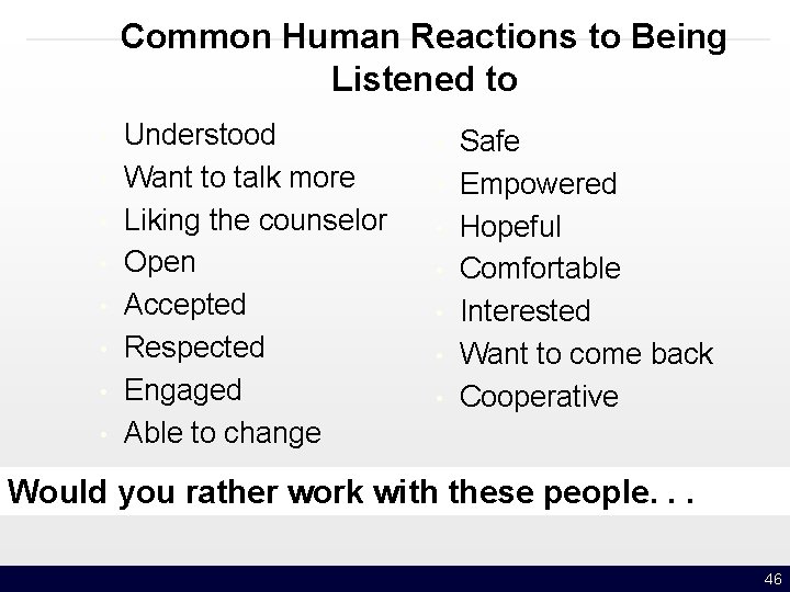 Common Human Reactions to Being Listened to • • Understood Want to talk more