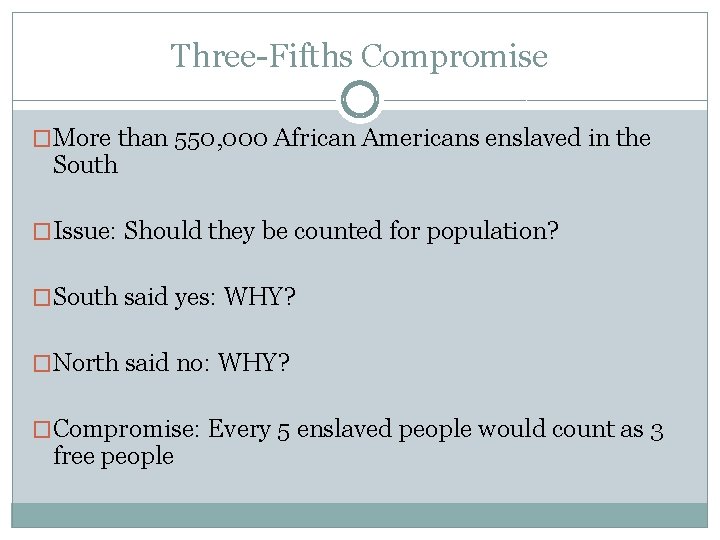 Three-Fifths Compromise �More than 550, 000 African Americans enslaved in the South �Issue: Should