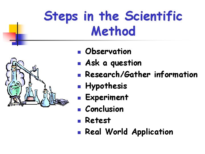 Steps in the Scientific Method n n n n Observation Ask a question Research/Gather