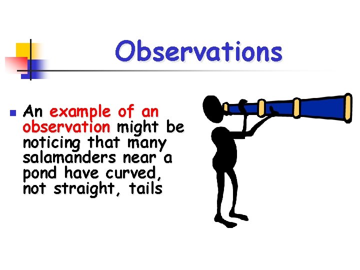 Observations n An example of an observation might be noticing that many salamanders near