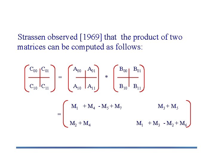 Strassen’s Matrix Multiplication Strassen observed [1969] that the product of two matrices can be