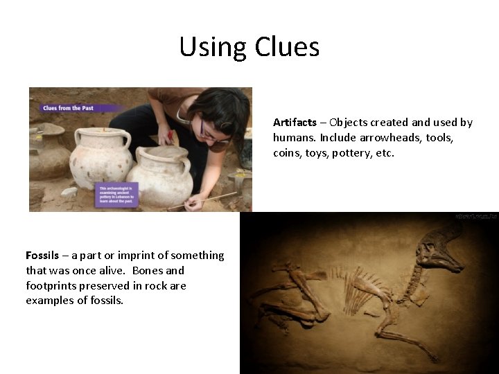 Using Clues Artifacts – Objects created and used by humans. Include arrowheads, tools, coins,