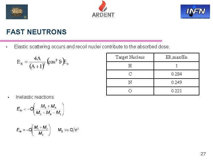 FAST NEUTRONS Elastic scattering occurs and recoil nuclei contribute to the absorbed dose. •