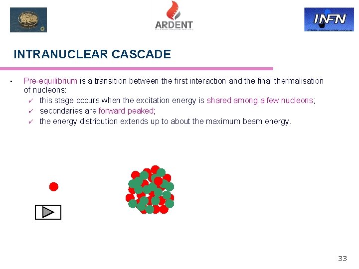 INTRANUCLEAR CASCADE • Pre-equilibrium is a transition between the first interaction and the final