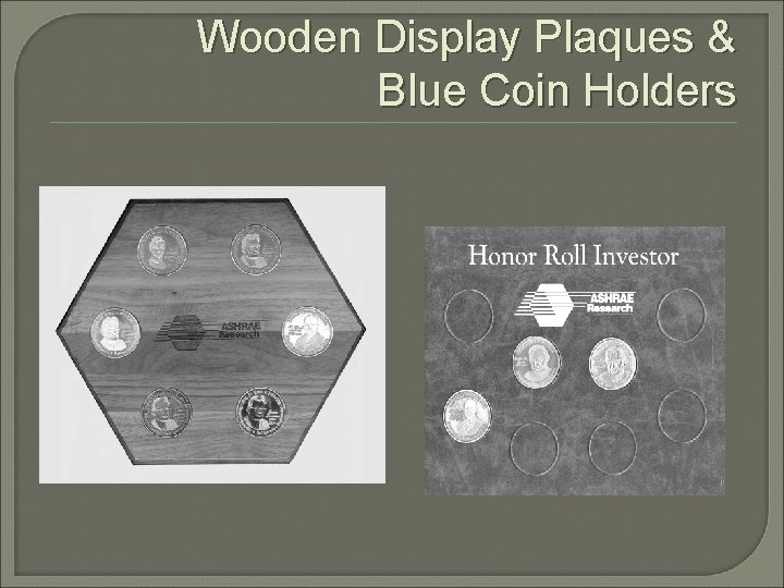 Wooden Display Plaques & Blue Coin Holders 