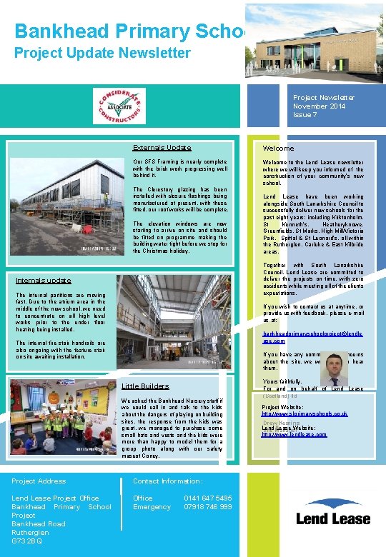 Bankhead Primary School Project Update Newsletter Project Newsletter November 2014 Issue 7 Externals Update