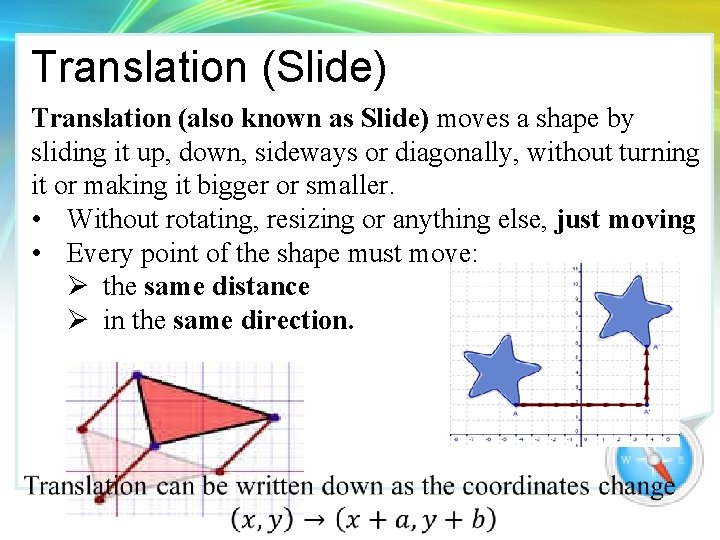 Translation (Slide) Translation (also known as Slide) moves a shape by sliding it up,