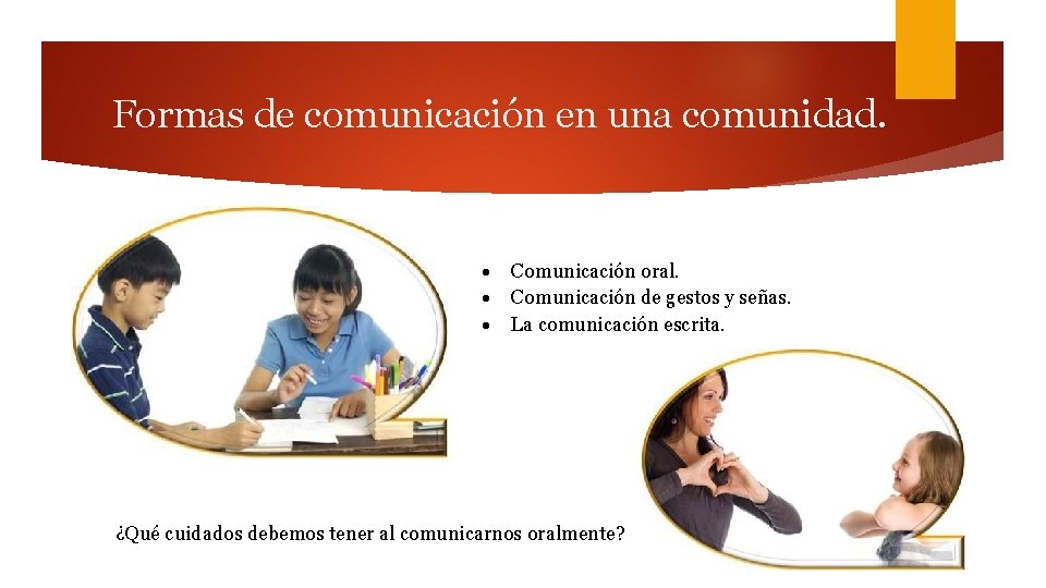 Formas de comunicación en una comunidad. Comunicación oral. Comunicación de gestos y señas. La