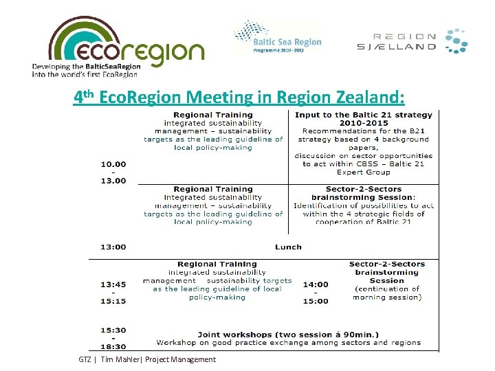 4 th Eco. Region Meeting in Region Zealand: GTZ | Tim Mahler| Project Management