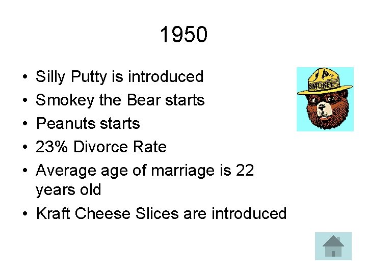 1950 • • • Silly Putty is introduced Smokey the Bear starts Peanuts starts