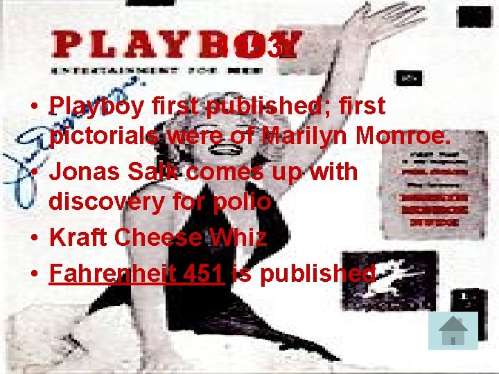 1953 • Playboy first published; first pictorials were of Marilyn Monroe. • Jonas Salk