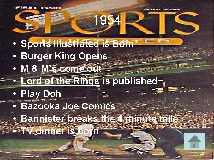 1954 • • Sports Illustrated is Born Burger King Opens M & M’s come