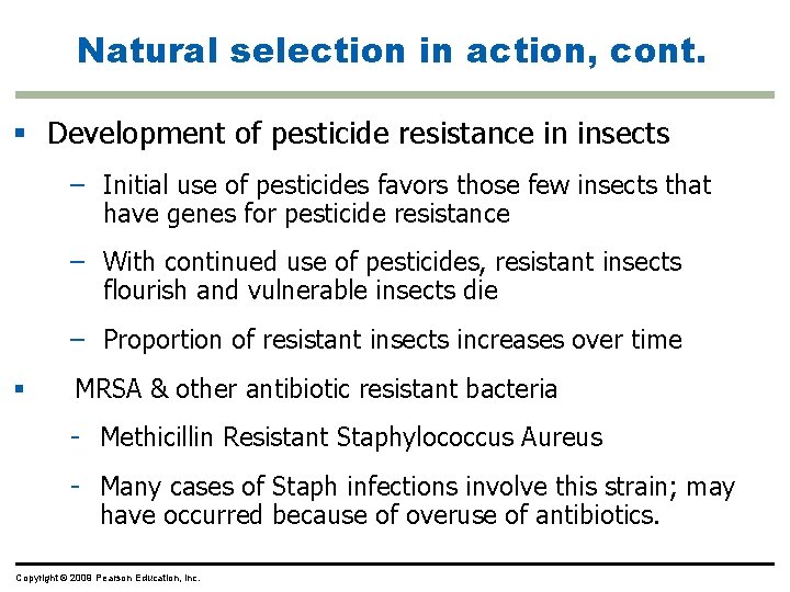 Natural selection in action, cont. Development of pesticide resistance in insects – Initial use