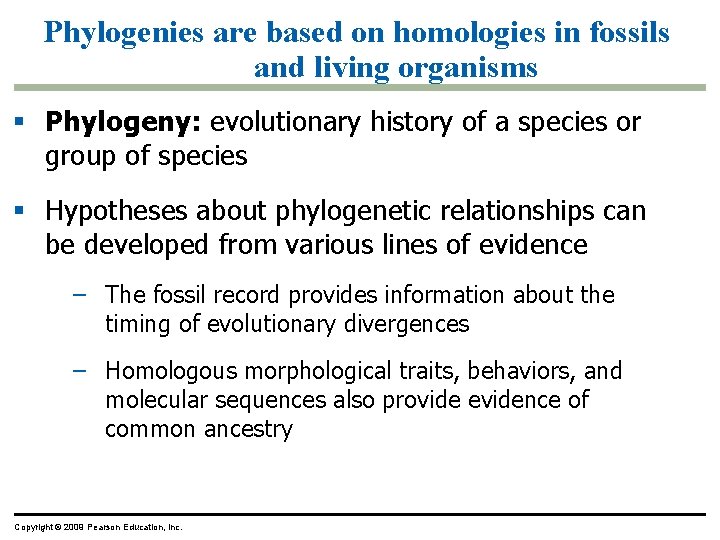 Phylogenies are based on homologies in fossils and living organisms Phylogeny: evolutionary history of