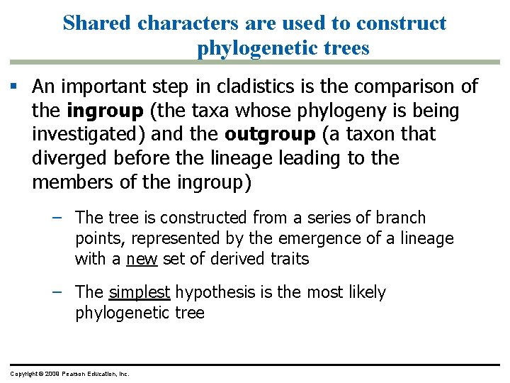 Shared characters are used to construct phylogenetic trees An important step in cladistics is